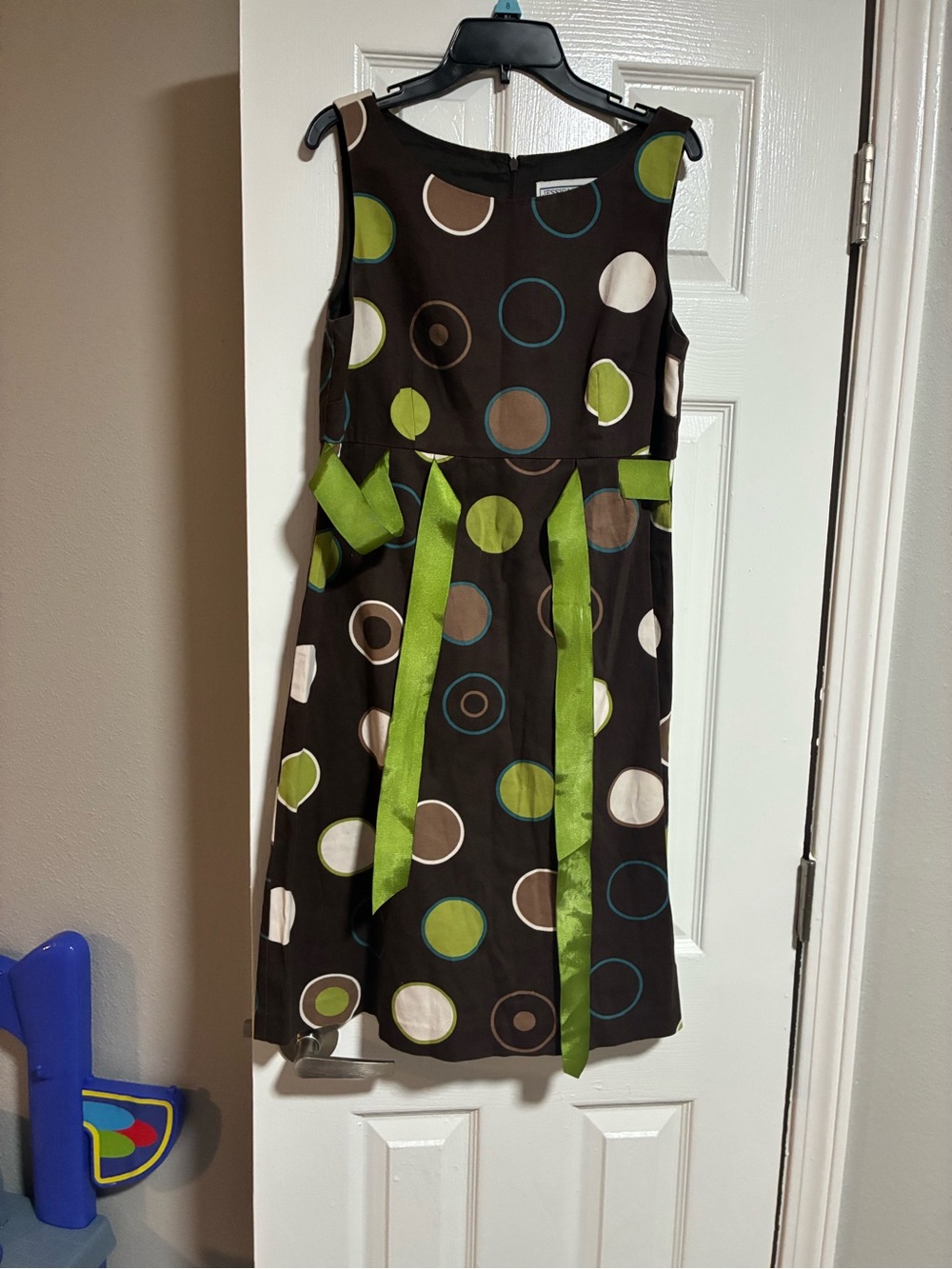 Jessica Howard Black Dress with Green Ribbon and Polka Dots